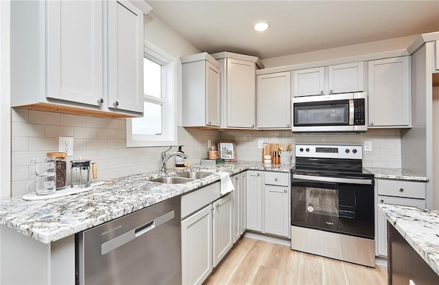 kitchen featuring light stone countertops, stainless steel appliances, decorative backsplash, white cabinets, and light wood-type flooring