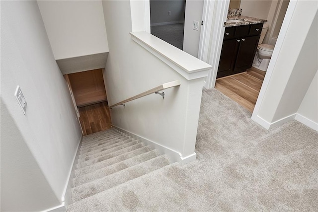 staircase featuring carpet flooring and sink