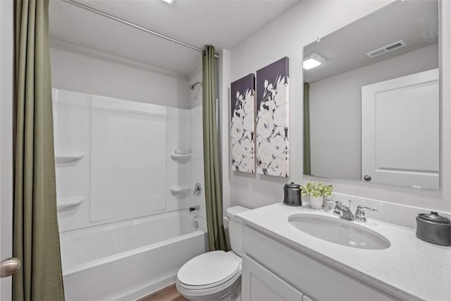 full bathroom with toilet, shower / tub combo, vanity, and wood-type flooring