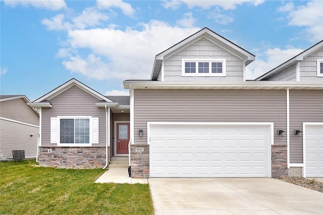 craftsman-style house featuring a front yard and cooling unit