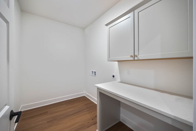 2814 NW Westwood Ct, Ankeny, IA 50023 - laundry room featuring electric dryer hookup, cabinets, dark hardwood / wood-style floors, and washer hookup
