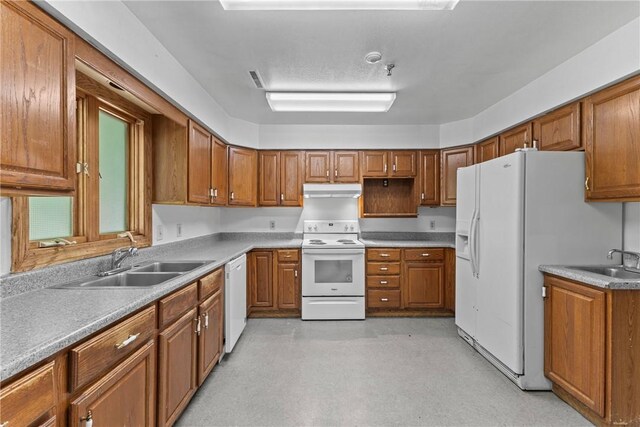 kitchen with a sink, brown cabinetry, white appliances, and under cabinet range hood