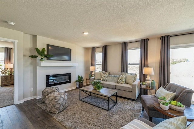 living room with a textured ceiling and dark hardwood / wood-style floors