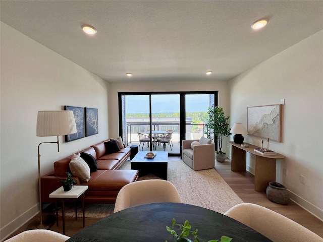 living room featuring recessed lighting, baseboards, and wood finished floors