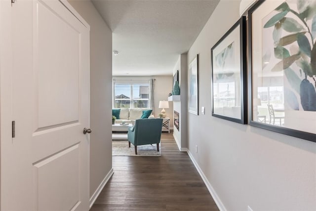 hall featuring dark hardwood / wood-style flooring and a textured ceiling