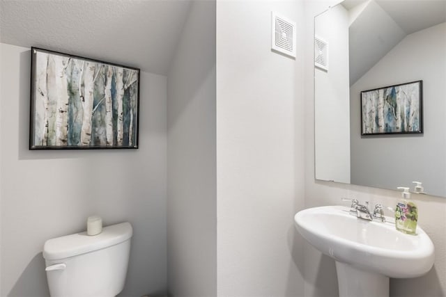 bathroom with lofted ceiling, toilet, and sink