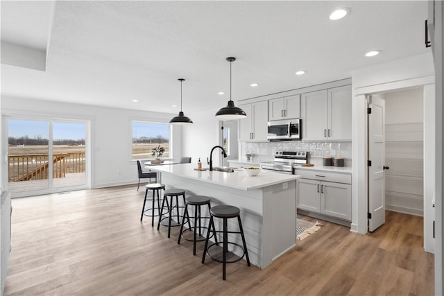 kitchen with a kitchen island with sink, sink, hanging light fixtures, hardwood / wood-style flooring, and appliances with stainless steel finishes