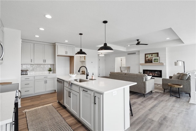 kitchen featuring white cabinetry, a large fireplace, a raised ceiling, stainless steel dishwasher, and a kitchen island with sink