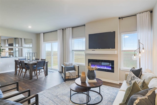 living room with dark wood-type flooring