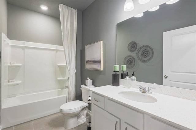 full bathroom featuring shower / bath combo, toilet, vanity, and tile flooring