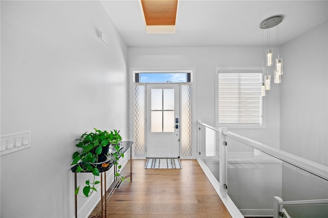 doorway with a skylight and wood-type flooring