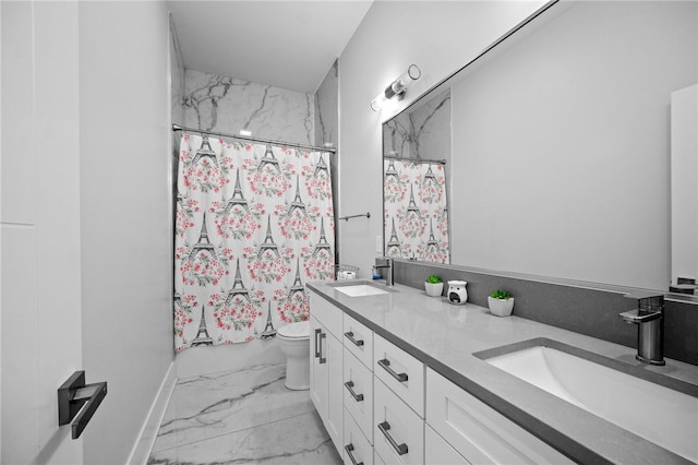 bathroom with vanity, a shower with shower curtain, and toilet