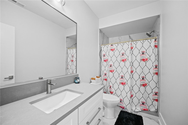 bathroom with vanity, a shower with shower curtain, and toilet