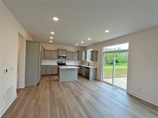 kitchen with stainless steel appliances, sink, light hardwood / wood-style flooring, a center island, and gray cabinets