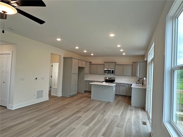 kitchen with stainless steel appliances, ceiling fan, sink, a center island, and gray cabinets