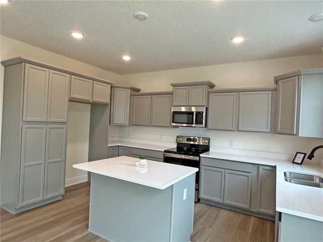 kitchen with gray cabinets, sink, stainless steel appliances, and light wood-type flooring