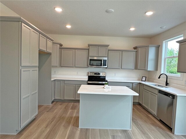 kitchen with gray cabinetry, sink, and stainless steel appliances