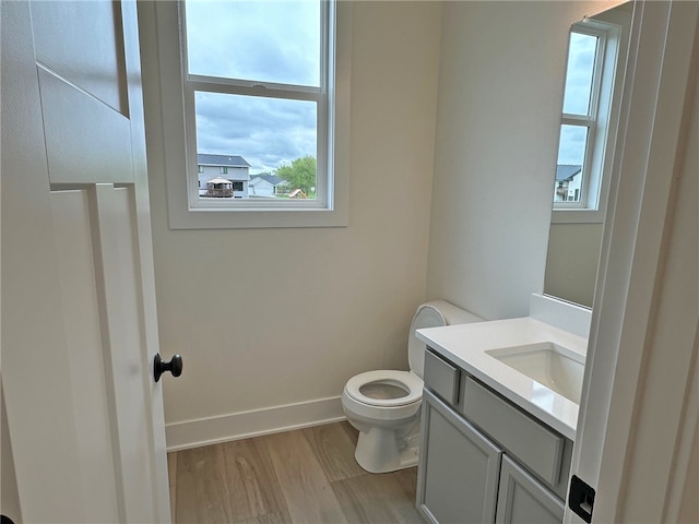 bathroom with wood-type flooring, vanity, and toilet