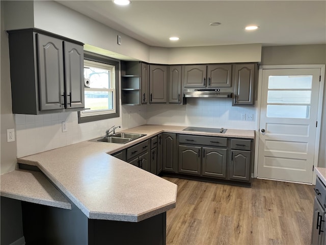 kitchen featuring backsplash, gray cabinets, light hardwood / wood-style flooring, and sink