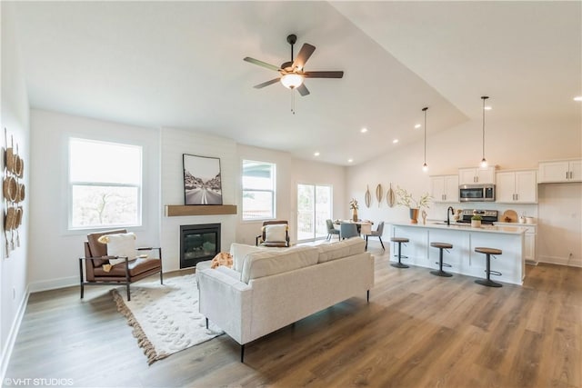 living room with vaulted ceiling, ceiling fan, sink, hardwood / wood-style flooring, and a fireplace