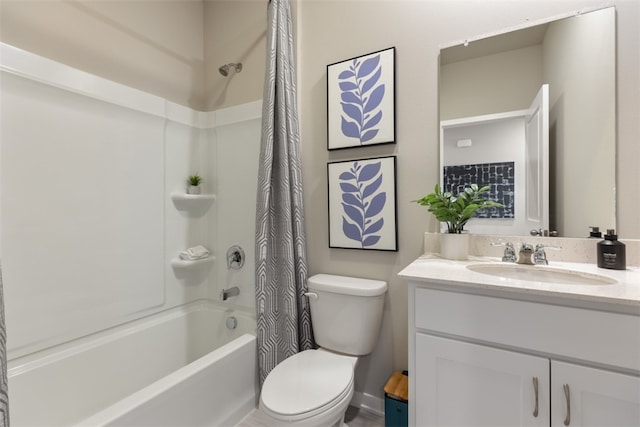 full bathroom featuring vanity, shower / bath combination with curtain, and toilet