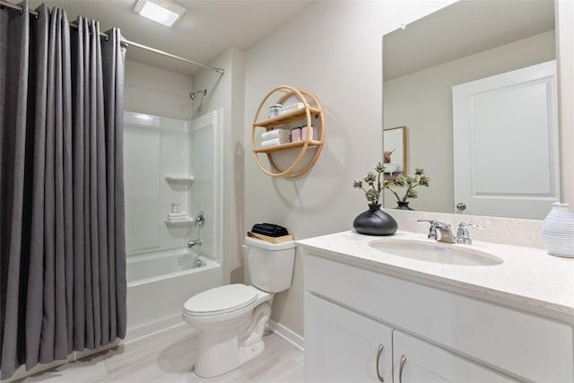 full bathroom with vanity, toilet, shower / tub combo, and hardwood / wood-style floors