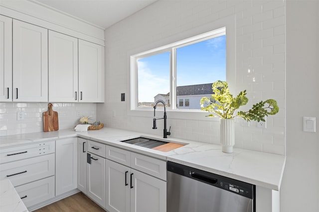 kitchen with white cabinetry, sink, and stainless steel dishwasher