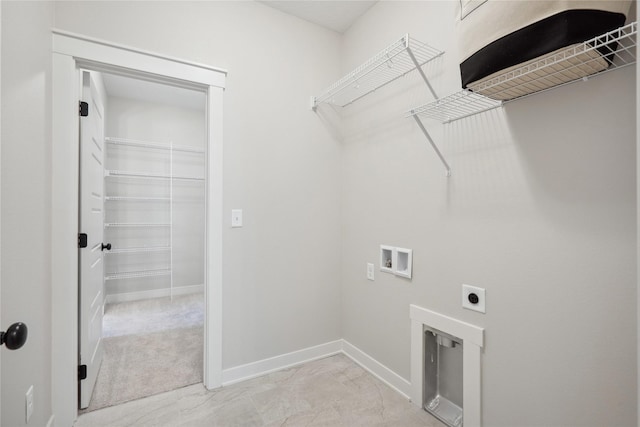 clothes washing area with hookup for a washing machine and hookup for an electric dryer