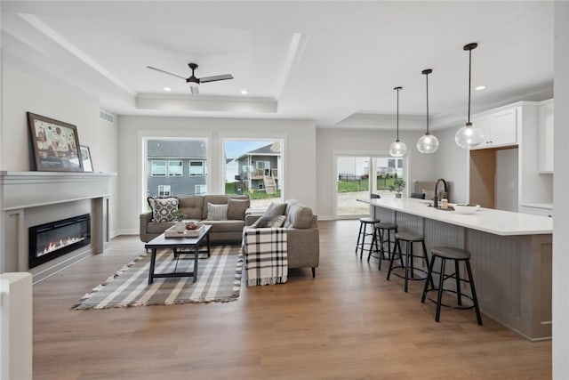 living room with a tray ceiling, ceiling fan, light hardwood / wood-style flooring, and sink