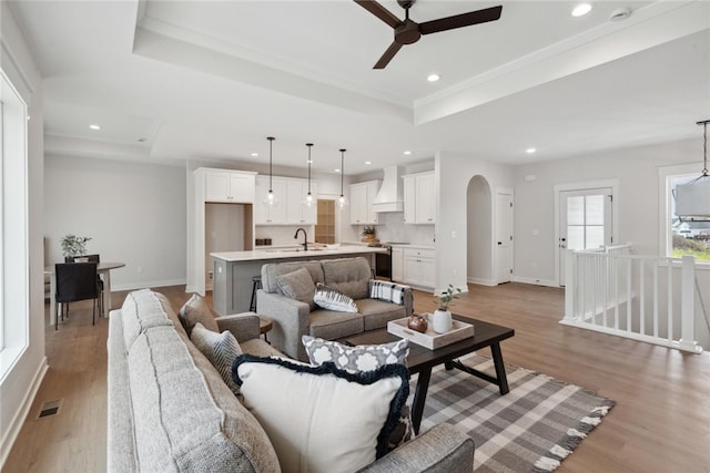 living room featuring ceiling fan, light hardwood / wood-style floors, sink, and a tray ceiling