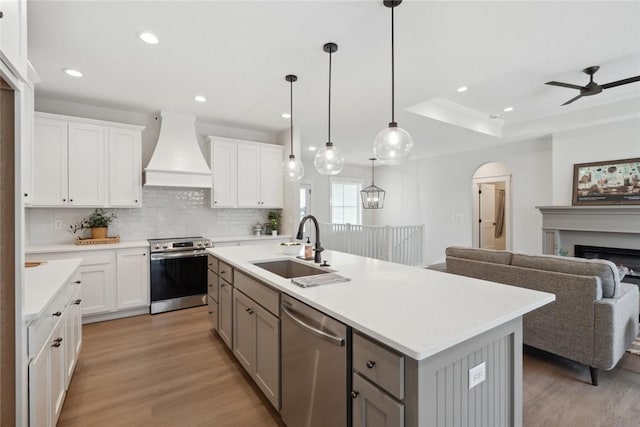 kitchen with white cabinets, appliances with stainless steel finishes, custom range hood, and sink