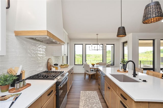 kitchen with stainless steel appliances, light countertops, a sink, and custom exhaust hood