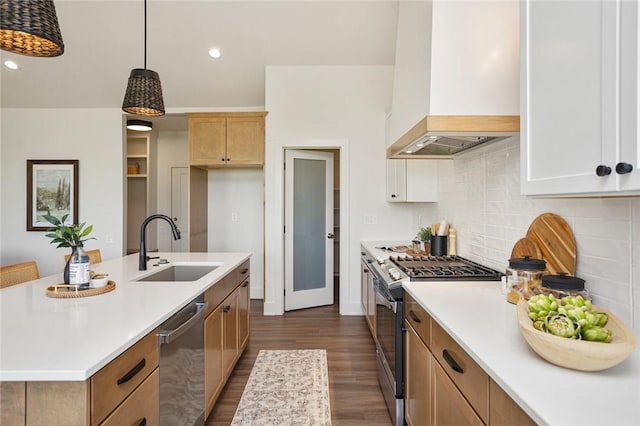 kitchen featuring dark wood finished floors, light countertops, appliances with stainless steel finishes, a sink, and premium range hood