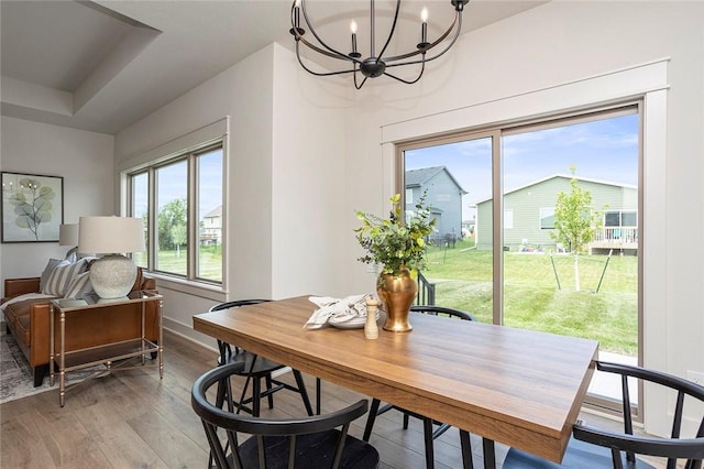 dining space featuring hardwood / wood-style flooring, an inviting chandelier, and plenty of natural light