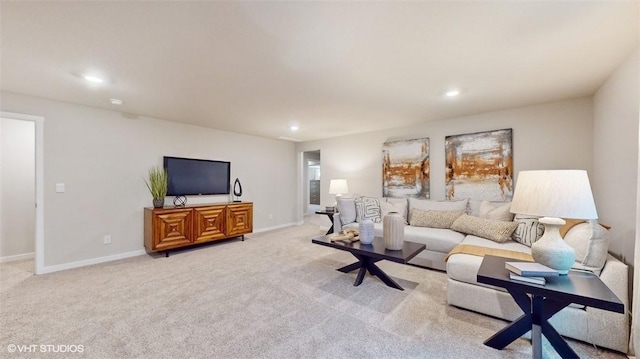 living room with light colored carpet