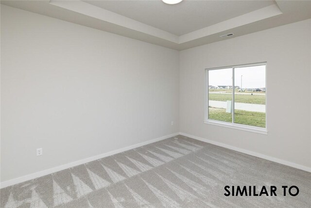 carpeted empty room featuring a raised ceiling