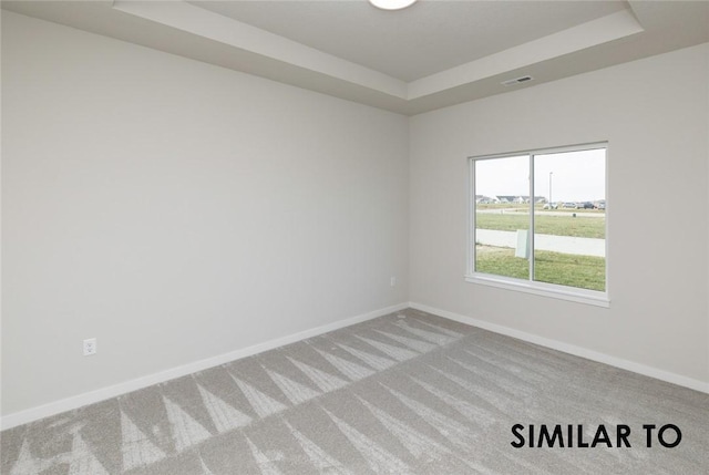 empty room with a raised ceiling and light colored carpet