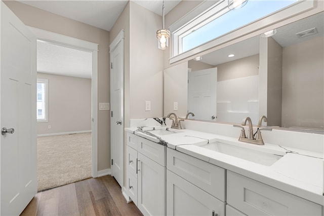 bathroom with dual vanity and wood-type flooring