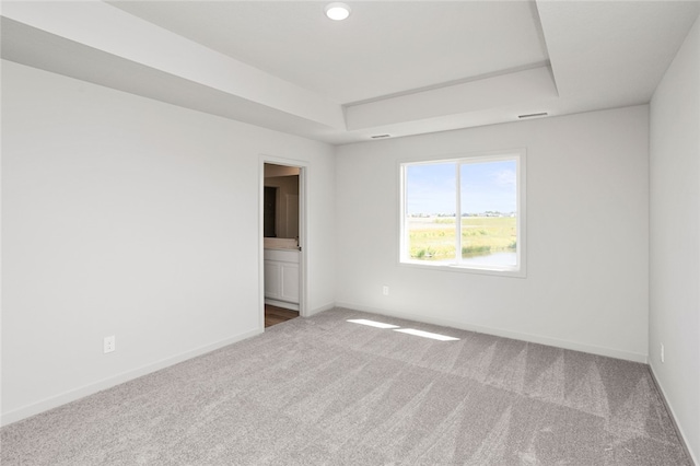 spare room with carpet and a tray ceiling