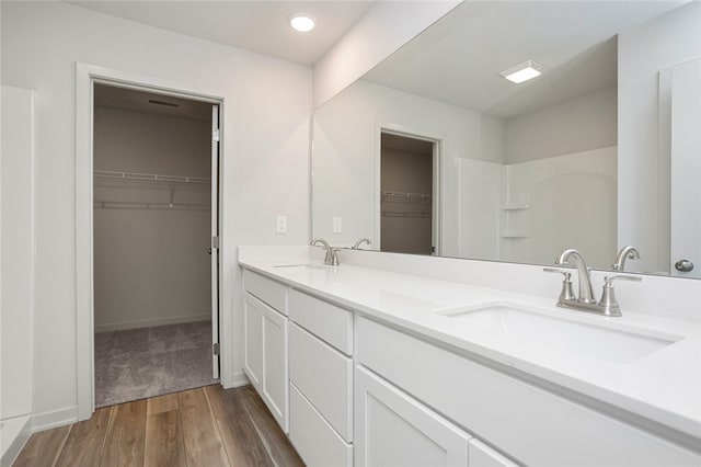 bathroom with vanity and hardwood / wood-style flooring