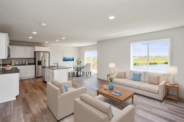 living room featuring sink, plenty of natural light, and light wood-type flooring