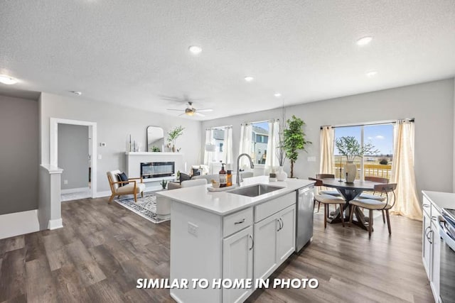 kitchen featuring sink, dark hardwood / wood-style floors, an island with sink, stainless steel appliances, and white cabinets