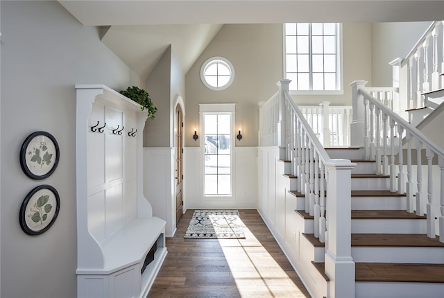 mudroom featuring plenty of natural light, high vaulted ceiling, and wood-type flooring