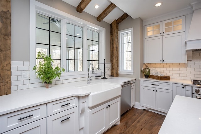 kitchen featuring white cabinetry, tasteful backsplash, dishwasher, and dark hardwood / wood-style floors