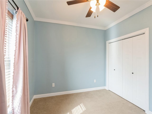 unfurnished bedroom featuring carpet, ceiling fan, a closet, and ornamental molding