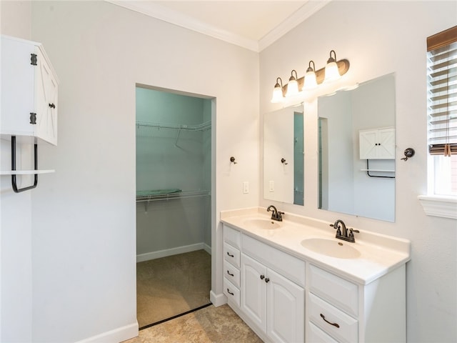 bathroom featuring tile floors, ornamental molding, and double sink vanity