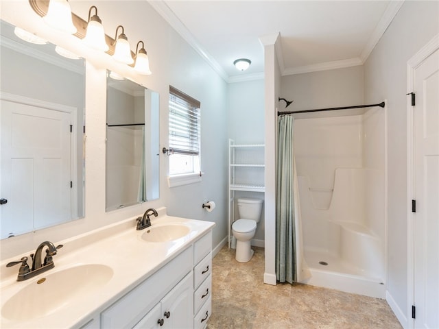 bathroom with curtained shower, dual vanity, ornamental molding, and toilet