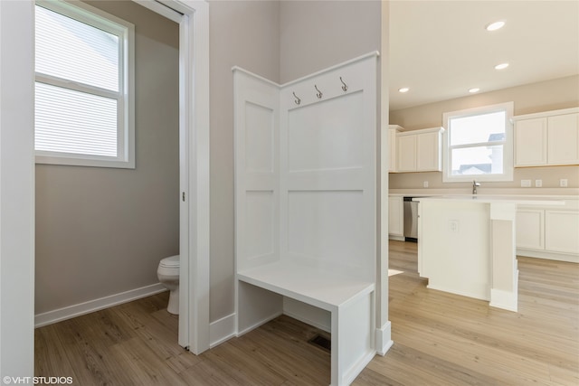 mudroom with light wood-type flooring and sink