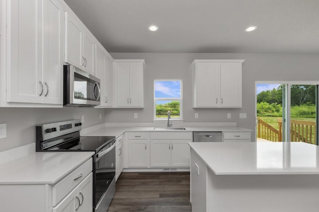 kitchen with white cabinetry, sink, a center island, stainless steel appliances, and dark hardwood / wood-style flooring