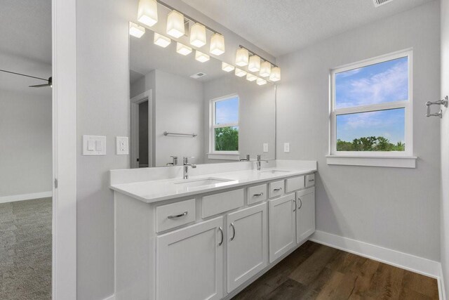 bathroom with ceiling fan, vanity, a healthy amount of sunlight, and a textured ceiling